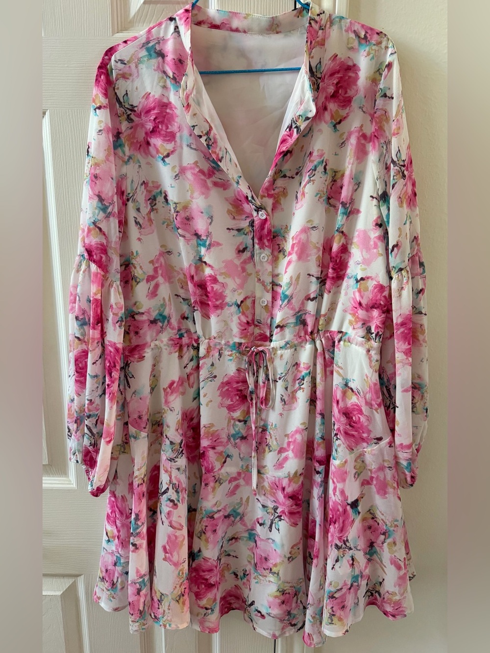 Floral Pink Drawstring Waist Women's Dress